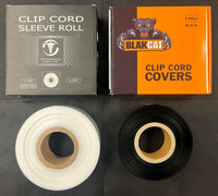 CLIP CORD SLEEVE ROLLS, 2" BLACK or 2 3/8" CLEAR x 1,200 ft roll in a self dispensing box. CHOOSE BLACK or CLEAR