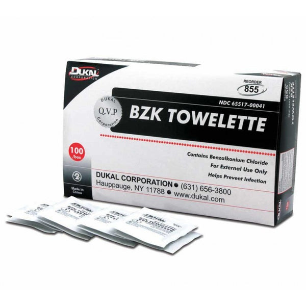 Dukal Antiseptic Cleansing BZK Towelettes, 100 pads per box.