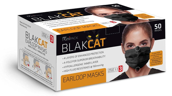 *** EXTENDED SALE***  BLACK BLAKCAT Face Mask LEVEL 3 (better than level 1 or level 2, Level 3 offers Higher Protection), 50 per box, color BLACK